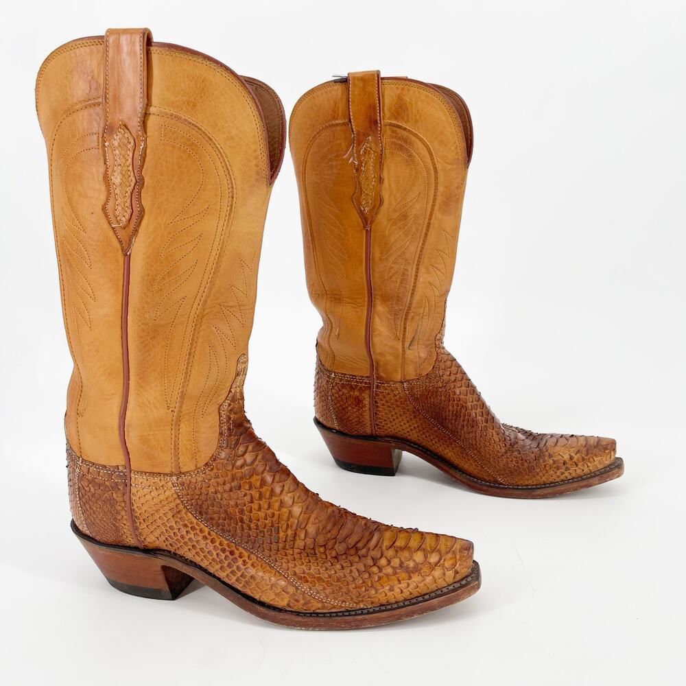 Lucchese Cognac Brown Python Snakeskin Leather Western Cowgirl Boot size 7